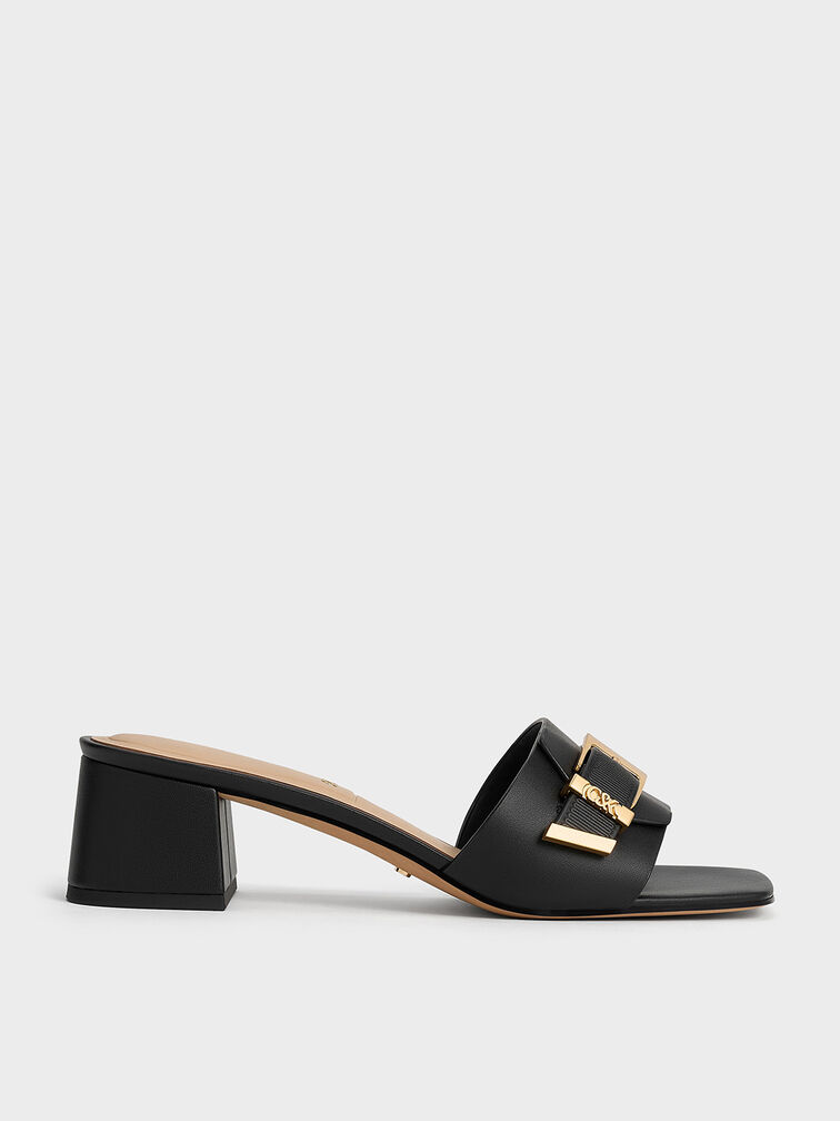 Leather Buckled Block-Heel Mules, Black, hi-res
