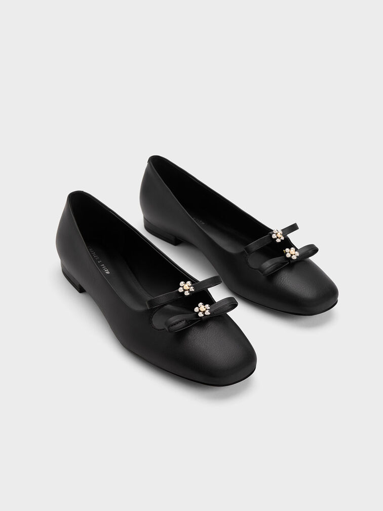 Floral Beaded Bow Ballerinas, Black, hi-res