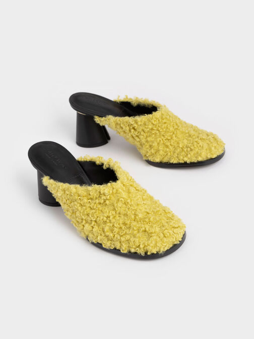 Medina Furry Cylindrical Heel Mules, Yellow, hi-res