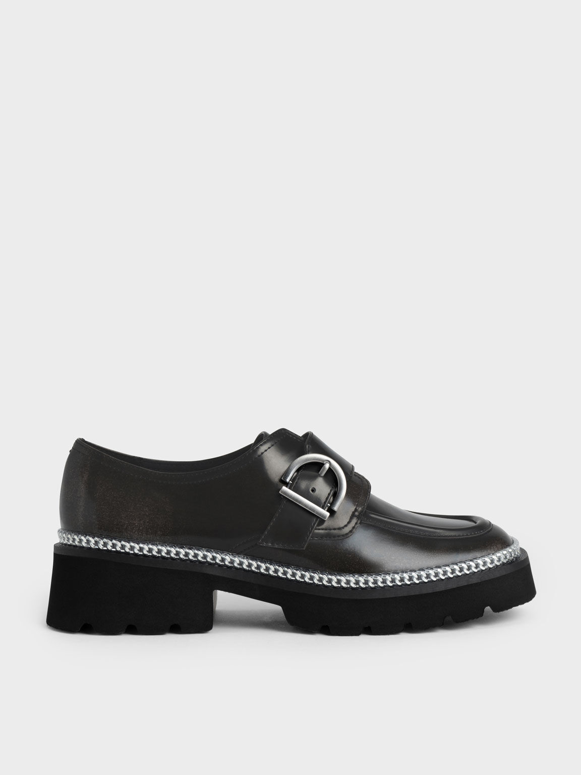 Buckled Chain-Trim Loafers, Dark Grey, hi-res