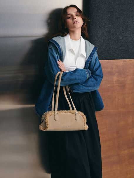 Nelly Faux Shearling Elongated Shoulder Bag, Nutmeg Beige, hi-res