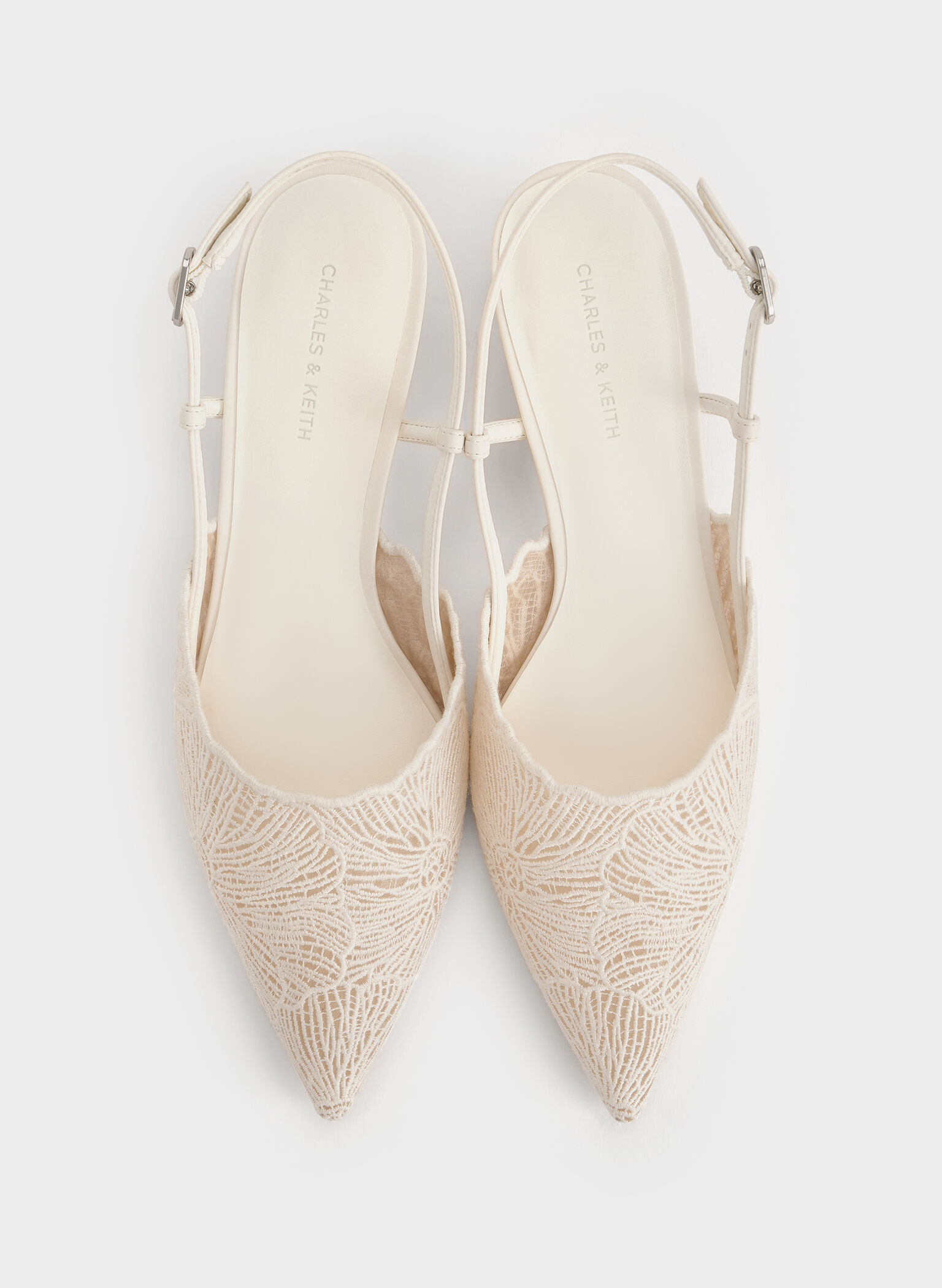 Crochet Floral Pointed-Toe Slingback Pumps, White, hi-res
