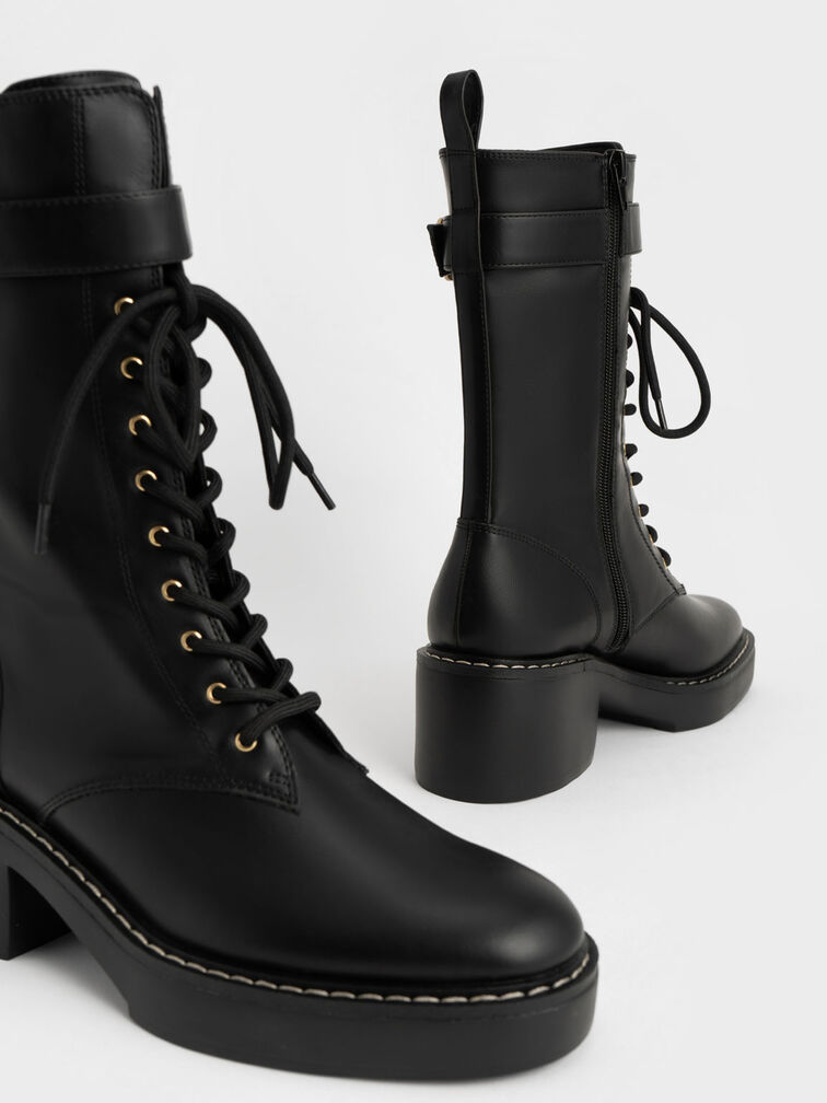 Buckled Lace-Up Platform Boots, Black, hi-res