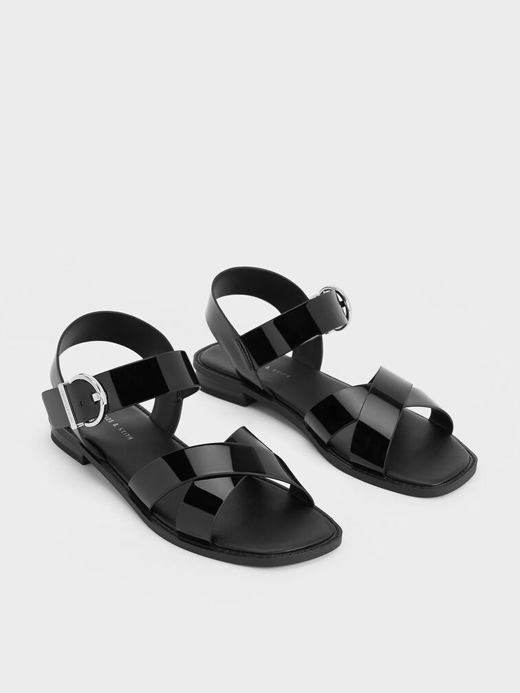 Patent Crossover Strap Sandals, Black Patent, hi-res