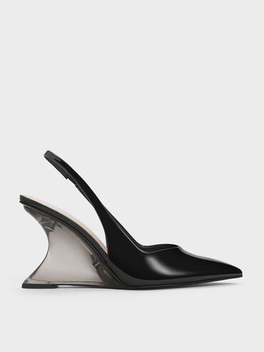 Patent Sculptural Slingback Wedges, Black Patent, hi-res