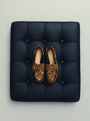 Georgina Calf Hair Leopard-Print Metallic-Accent Penny Loafers, Animal Print Brown, hi-res