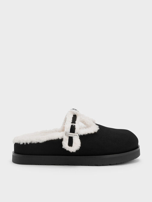 Textured Fur-Trim Buckled Mules, Black Textured, hi-res