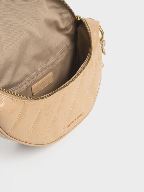 Philomena Wrinkled Patent Semi-Circle Crossbody Bag, Beige, hi-res