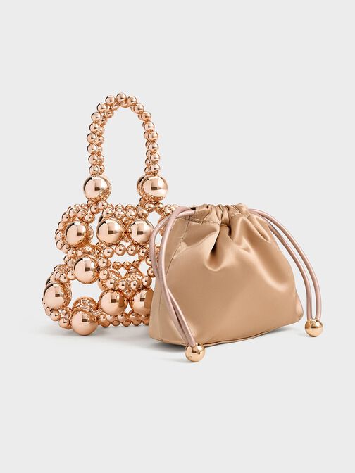 Metallic Beaded Top Handle Bag, Rose Gold, hi-res