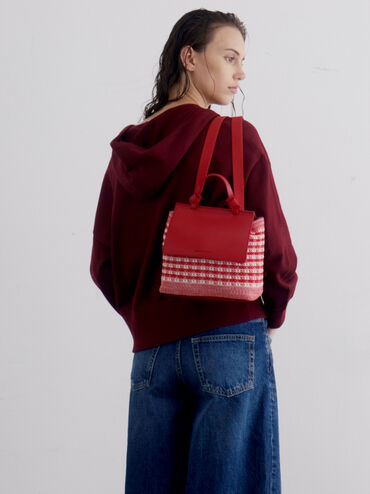 Mochila feminina de algodão Ida em malha, Vermelho Gingão, hi-res
