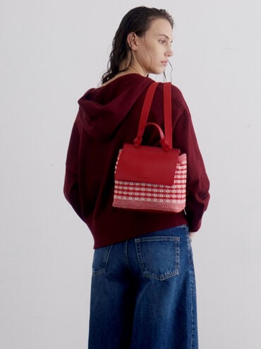 Mochila feminina de algodão Ida em malha, Vermelho Gingão, hi-res