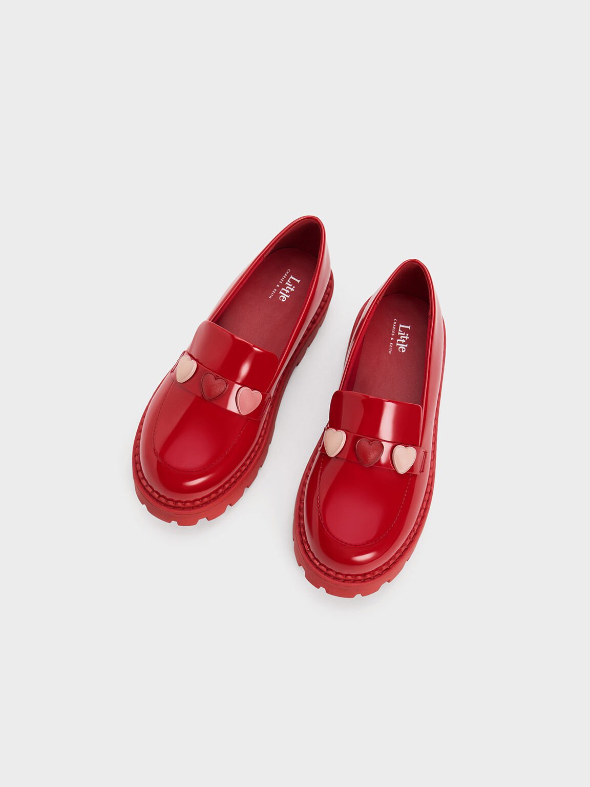 Girls' Heart-Motif Patent Penny Loafers, Red, hi-res
