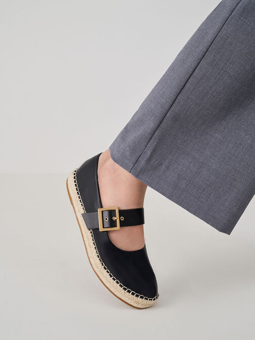 Buckled Espadrille Flats, Black, hi-res