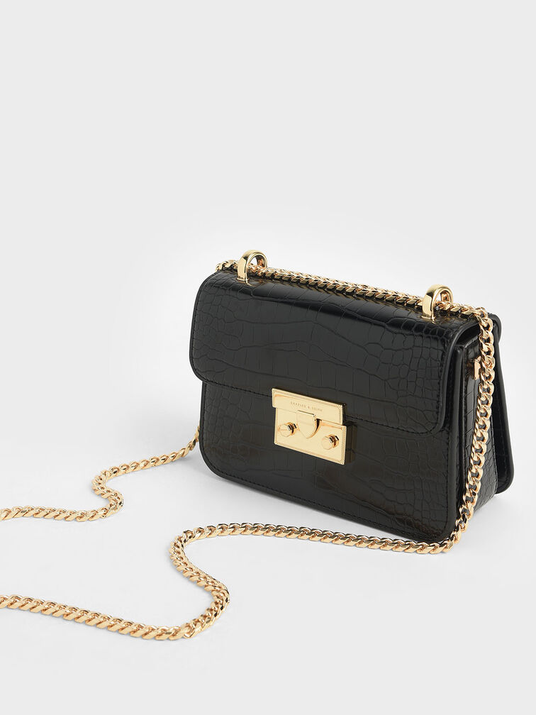 Croc-Effect Chain Strap Crossbody Bag - Black