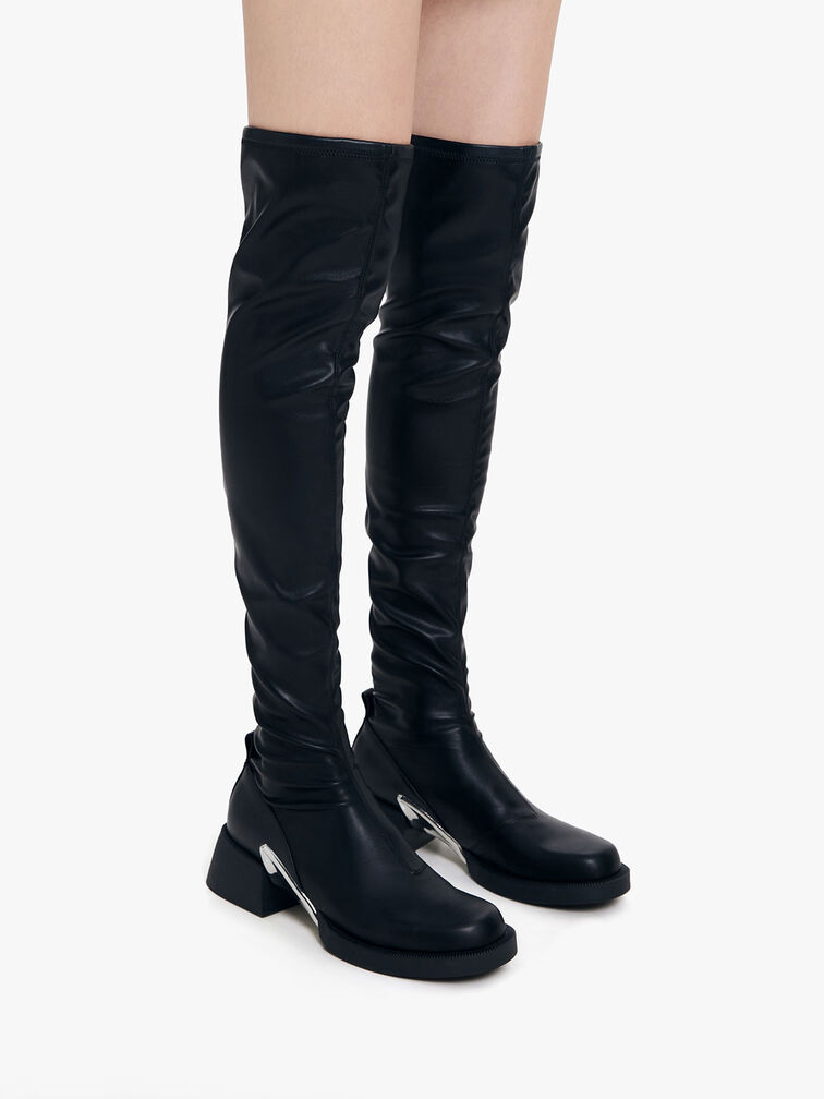 Black Devon Metallic-Accent Thigh-High Boots - CHARLES & KEITH US
