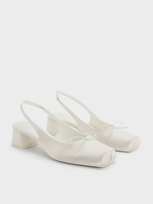 Satin Bow Square-Toe Slingback Pumps, Chalk, hi-res