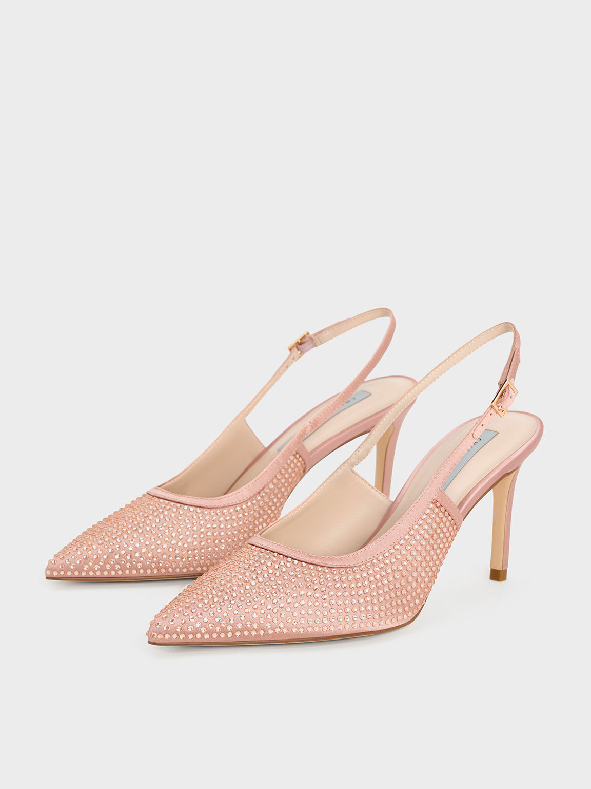 Nude Satin Crystal Embellished Slingback Pumps CHARLES KEITH OM