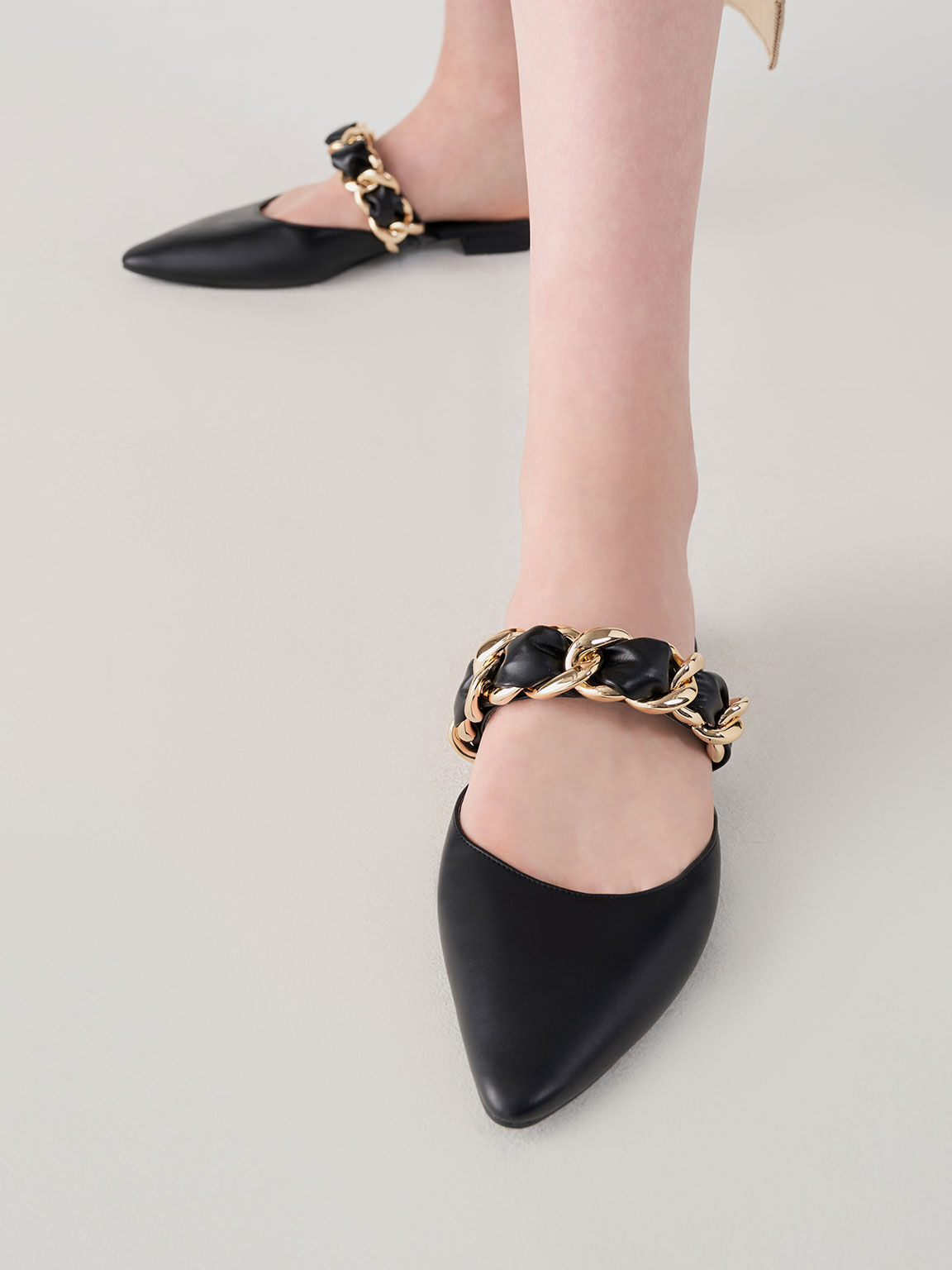 Braided Chain Link Flat Mules Black