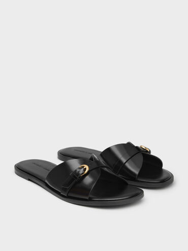 Buckled-Strap Slide Sandals, Black Box, hi-res