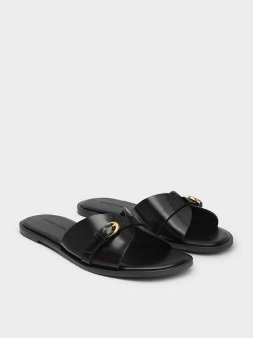 Buckled-Strap Slide Sandals, Black Box, hi-res