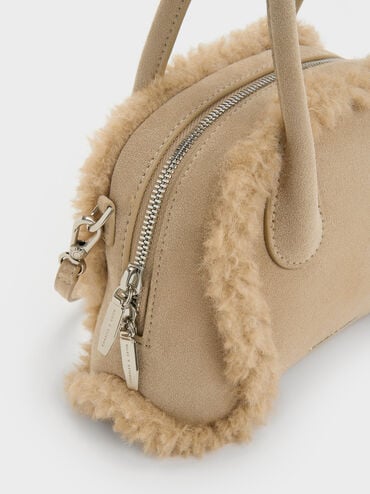 Bolso bowling Nelly de ante reciclado y borrego sintético, Nutmeg Beige, hi-res