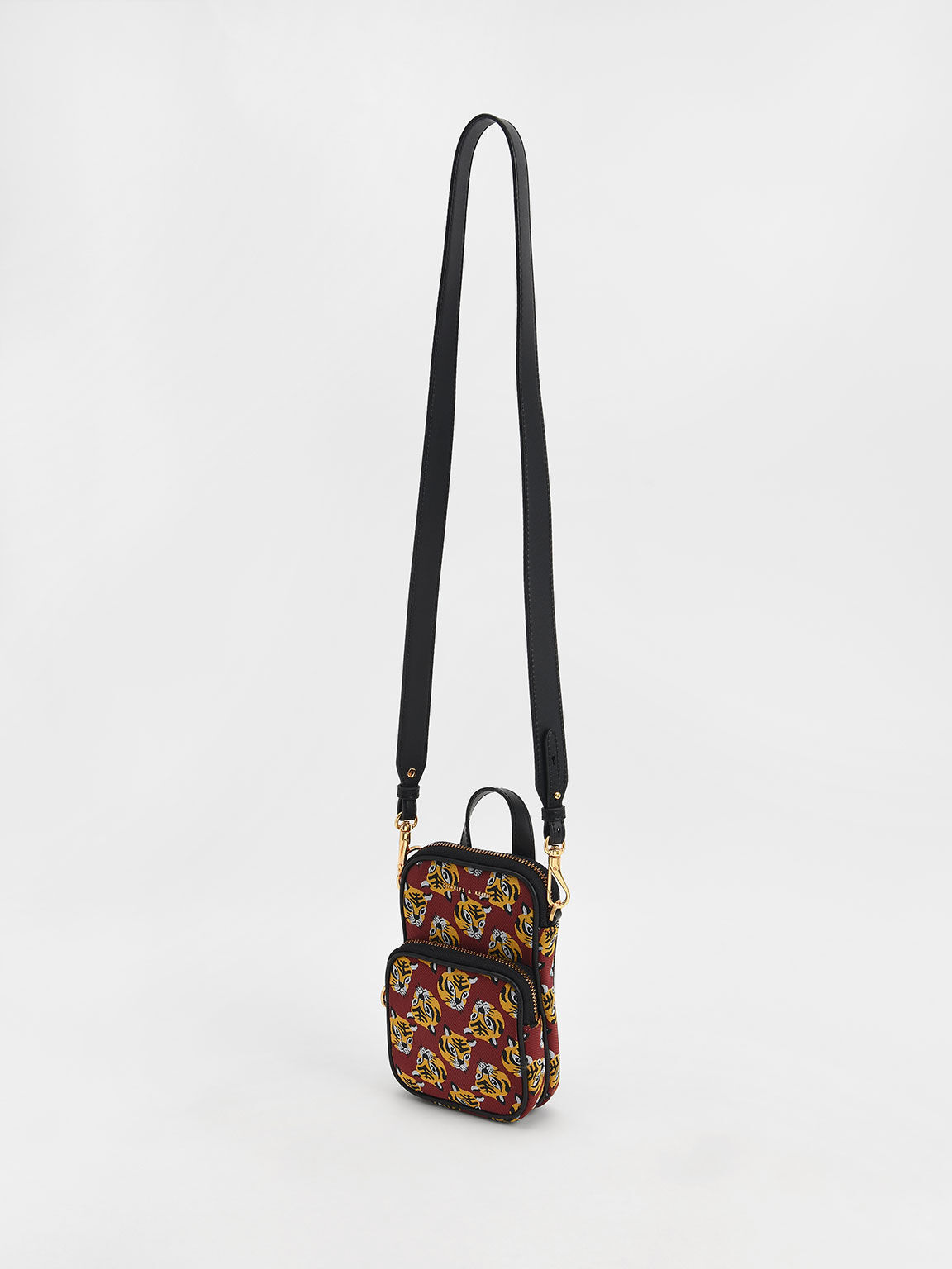 Tiger Print Jacquard Long Crossbody Bag, Red, hi-res