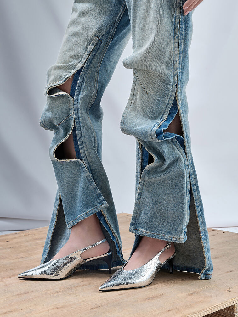 Zapatos destalonados metalizados efecto arrugado con empeine alto, Plateado, hi-res