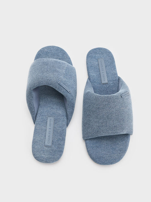 Denim Puffy Wide-Strap Slide Sandals, Denim Blue, hi-res