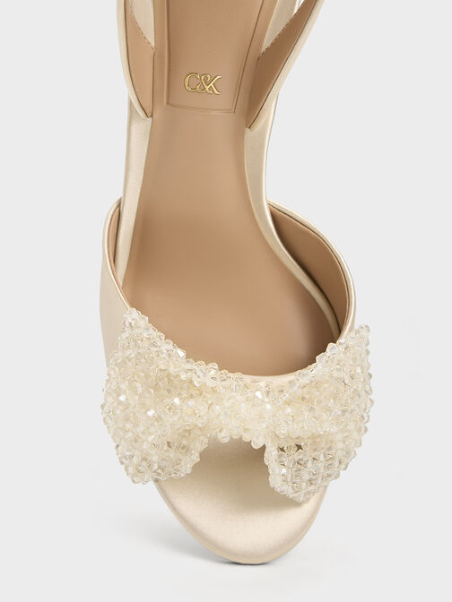 Recycled Polyester Beaded Bow Slingback Pumps, Champagne, hi-res