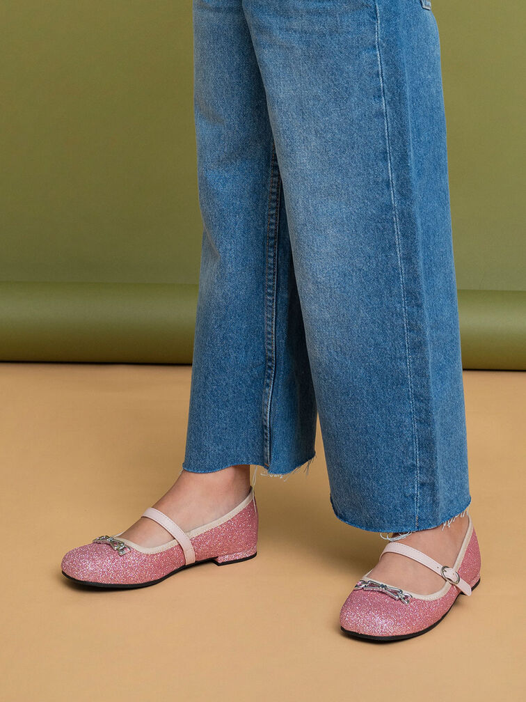 Girls' Metallic Accent Glittered Mary Janes, Pink, hi-res
