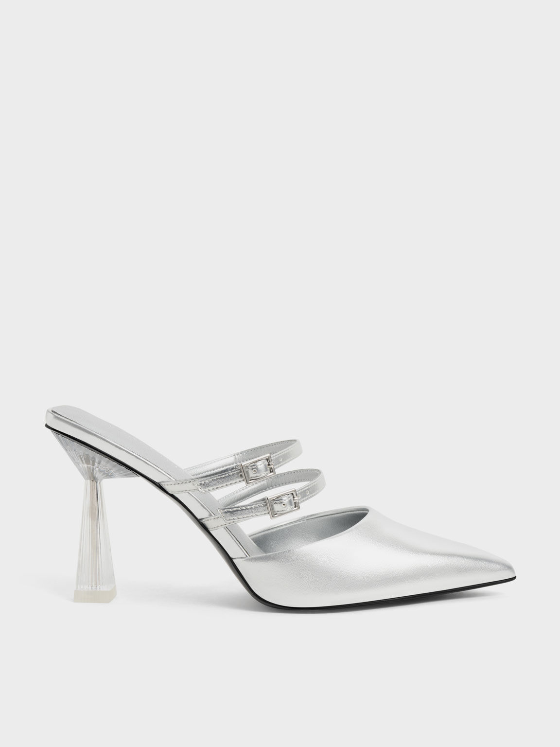 Silver Metallic Strappy Slant Heel Mules - CHARLES & KEITH MO