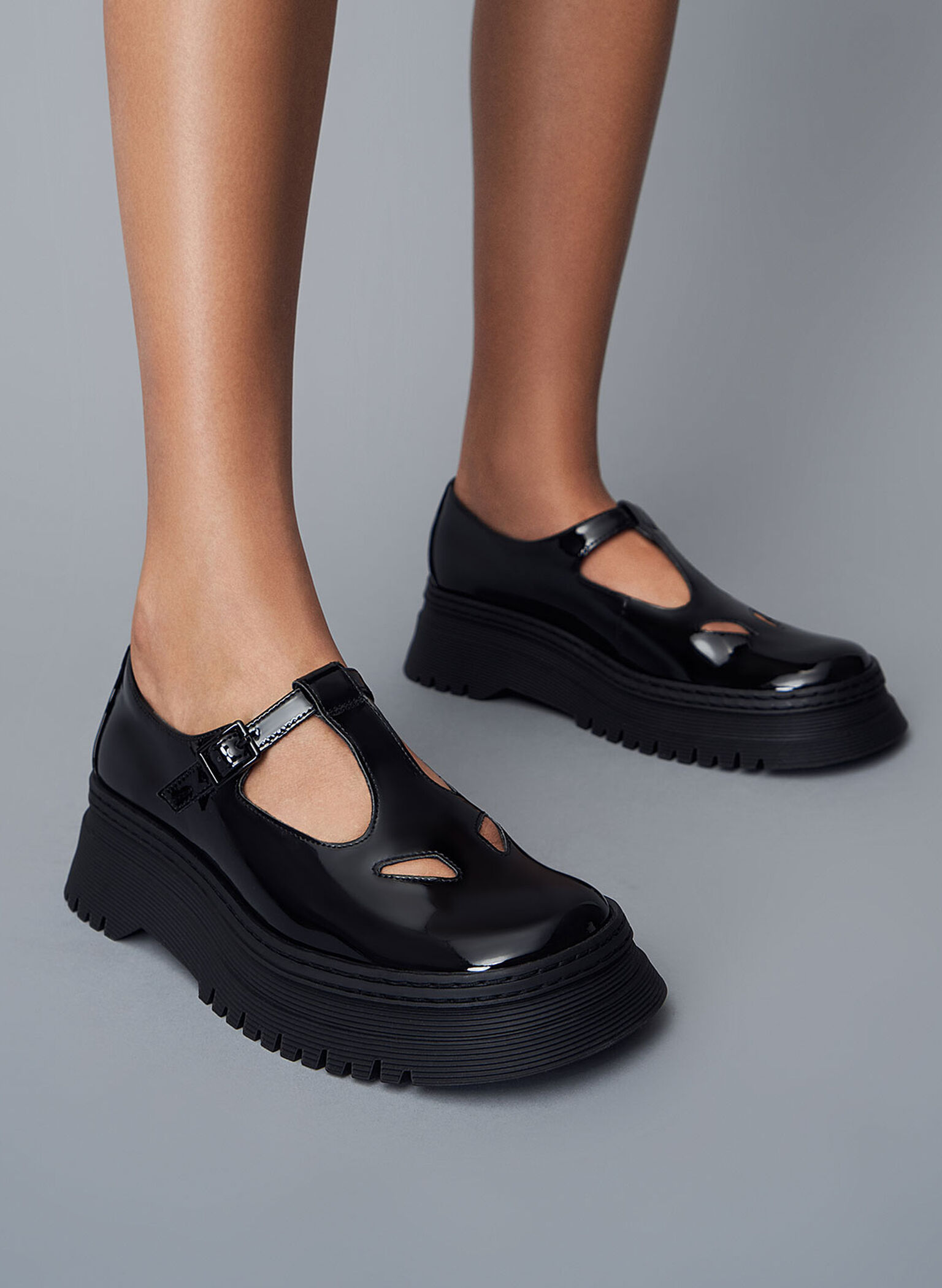 Patent Cut-Out Buckled Mary Janes, Black, hi-res
