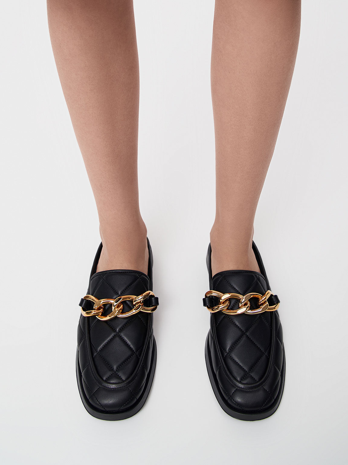 Quilted Chain Loafer Mules, Black, hi-res