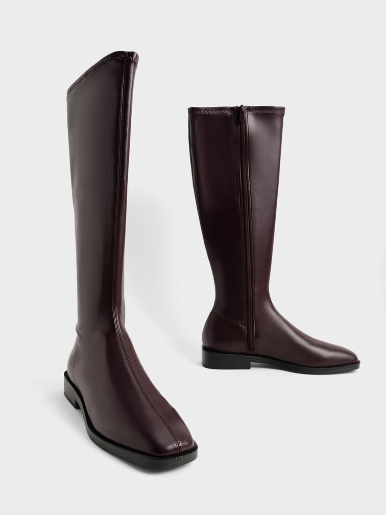Burgundy Knee High Flat Boots - CHARLES & KEITH KR