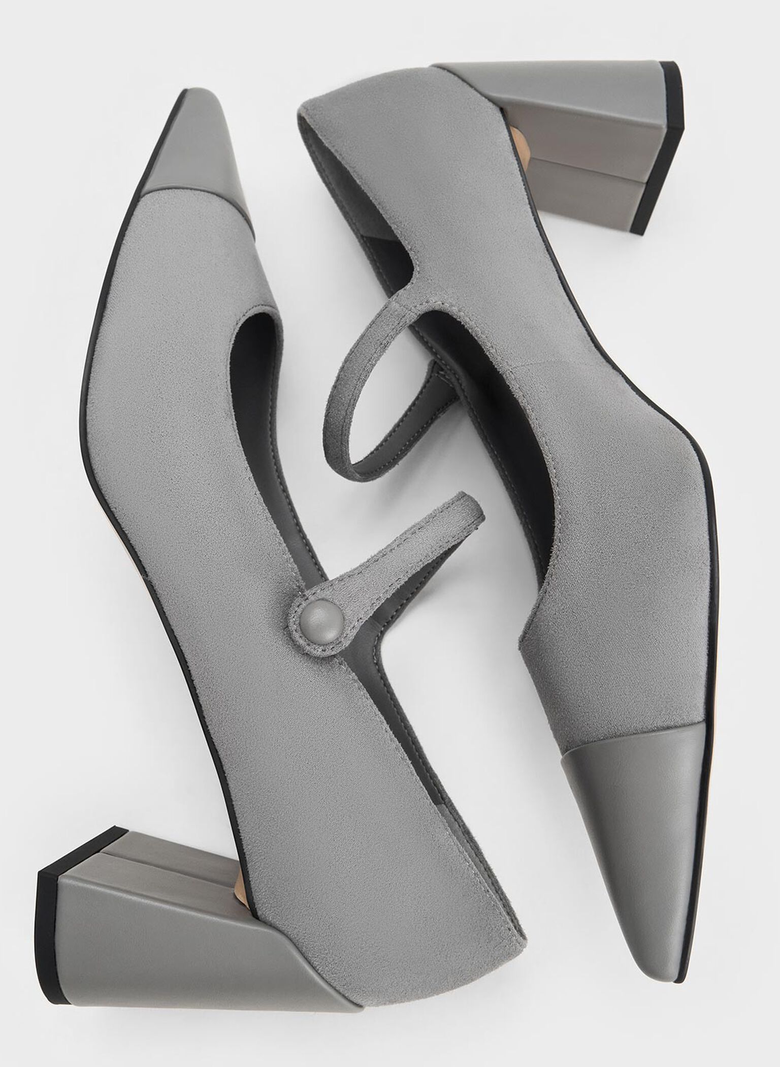 Faux Suede Cap-Toe Pointed Mary Jane Pumps, Grey, hi-res