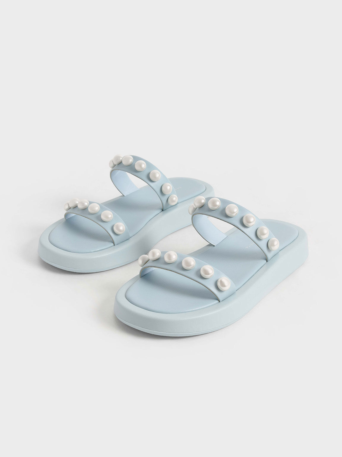 Pearl-Embellished Slide Sandals, Light Blue, hi-res