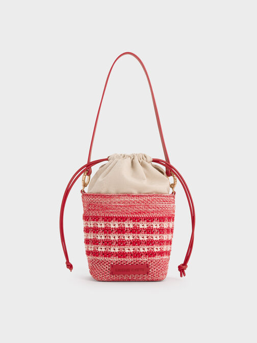 Girls' Ida Knitted Gingham Bucket Bag, Gingham Red, hi-res