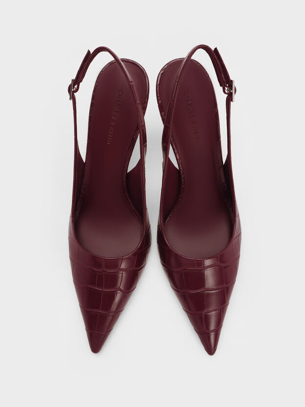Croc-Effect Pointed Slingback Pumps, Animal Print Burgundy, hi-res