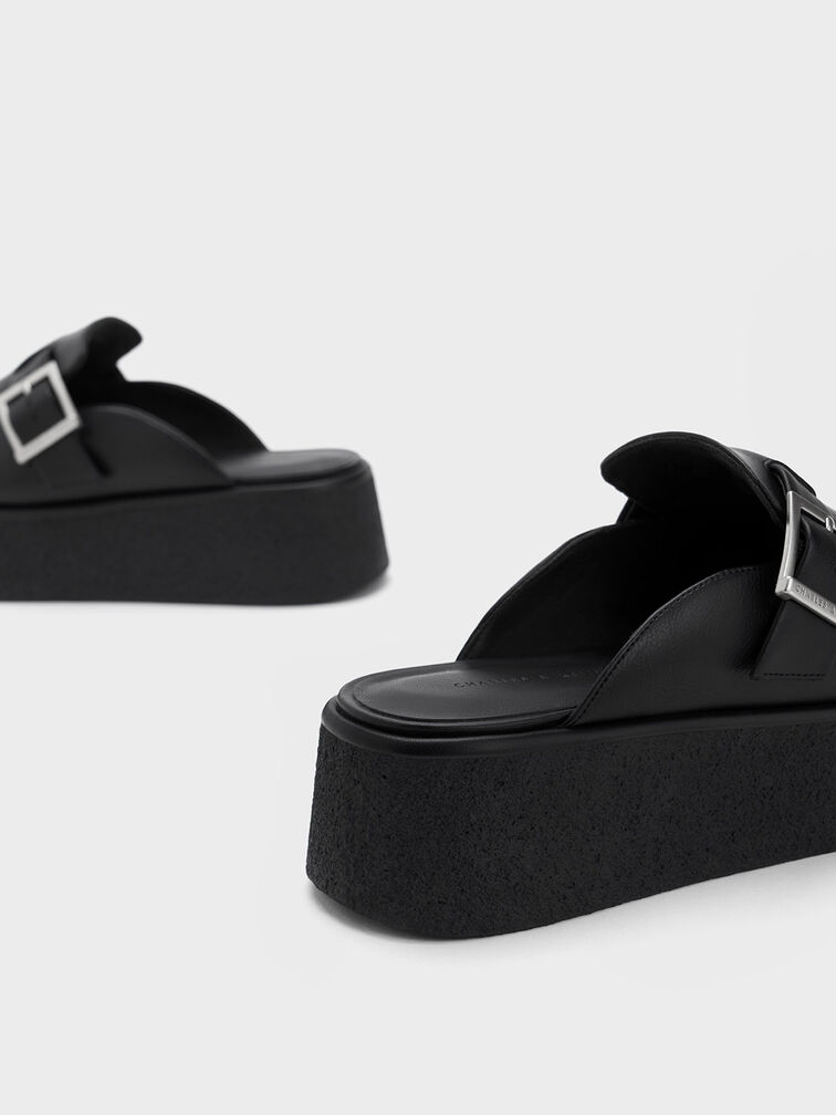 Buckled Flatform Mules, Black, hi-res