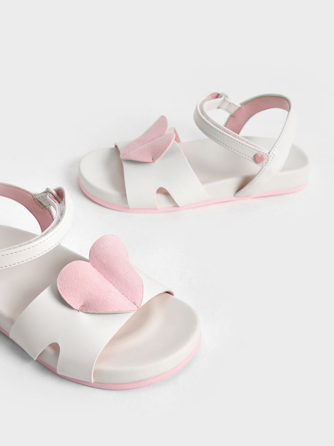 Valentine's Day Collection: Girls' Heart-Motif Ankle Strap Sandals, White, hi-res