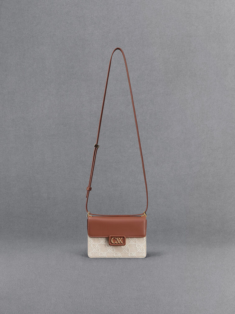 Mini Cerys Leather & Canvas Monogram Shoulder Bag, Cognac, hi-res