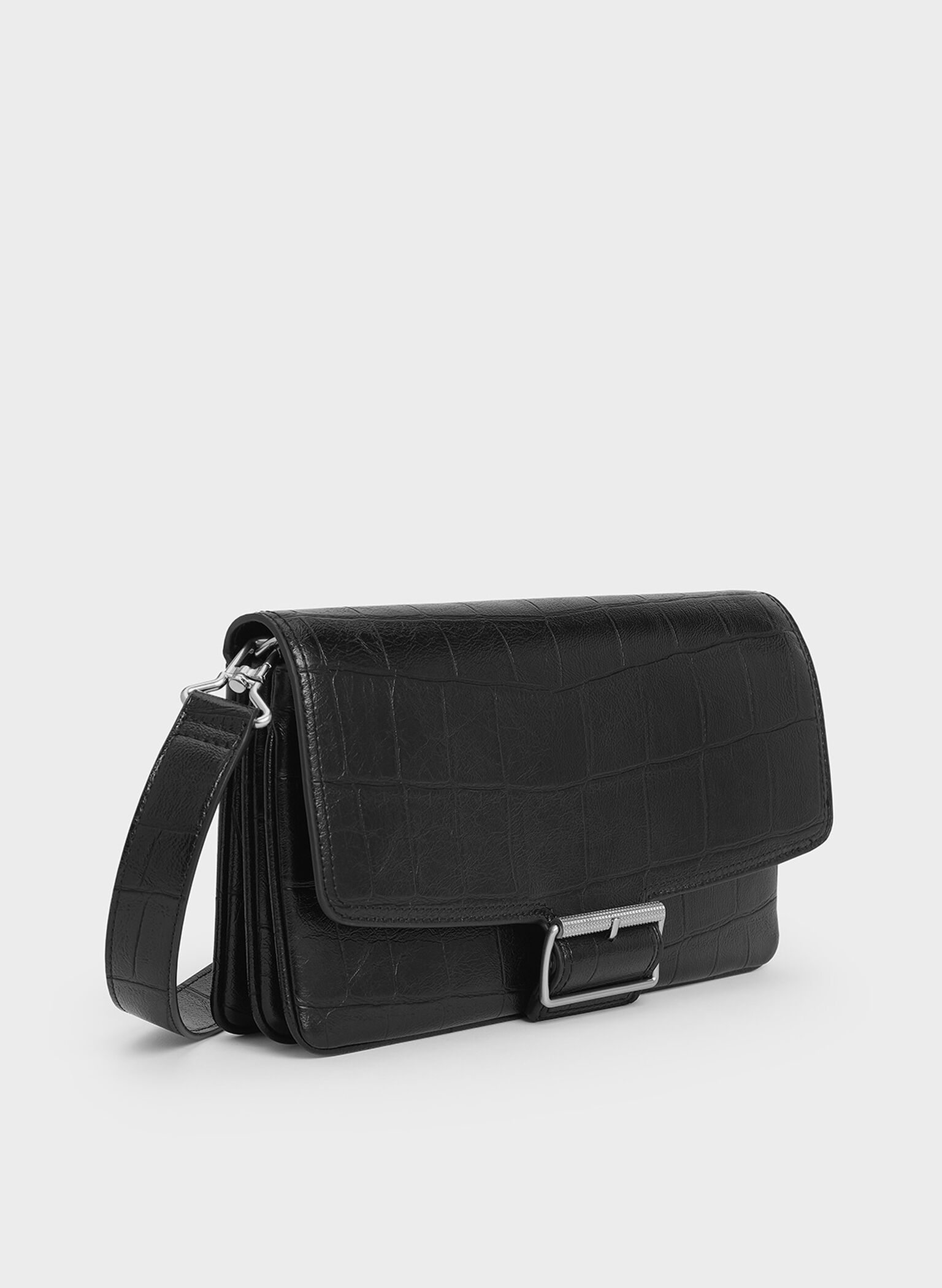 Bolso Liv efecto cocodrilo con asa de cadena con ojales, Noir, hi-res