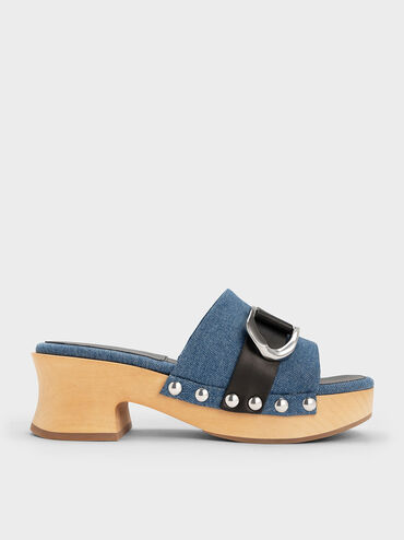 Gabine Studded Denim & Leather Open-Toe Clogs, Blue, hi-res