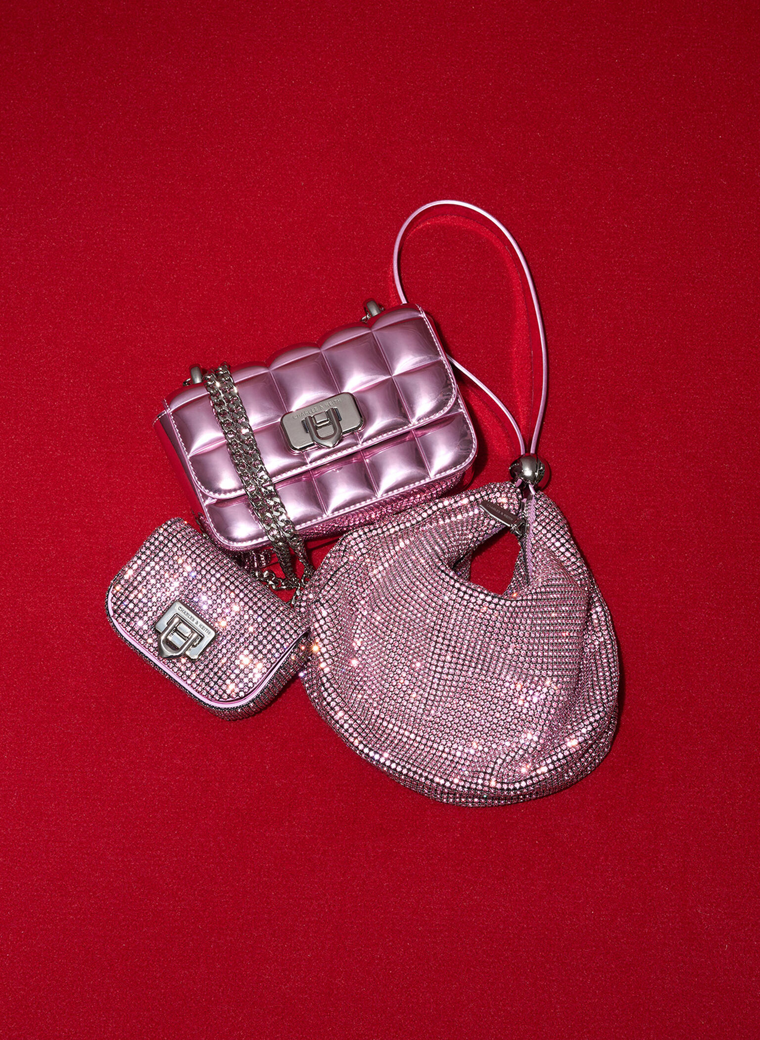 Metallic Square-Quilted Chain-Handle Bag, Pink, hi-res