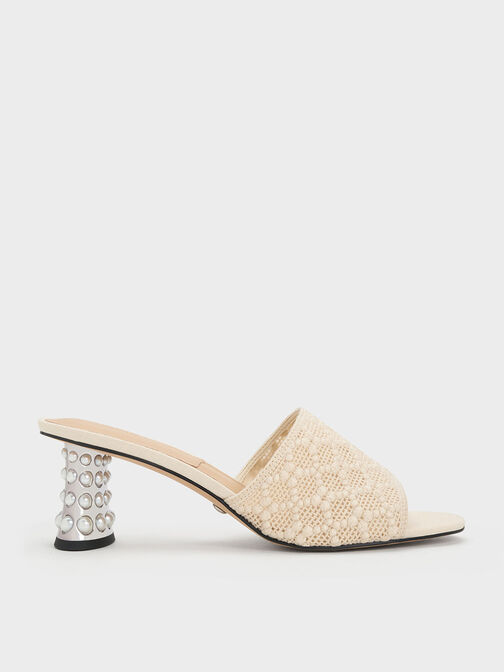 Beaded Heel Crochet Mules, Cream, hi-res