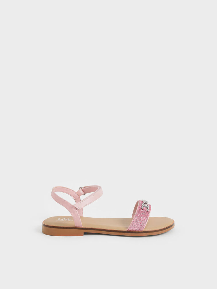 Girls' Metallic Accent Glittered Sandals, Pink, hi-res