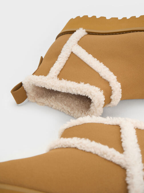 Textured Fur-Trim Flatform Ankle Boots, Khaki, hi-res