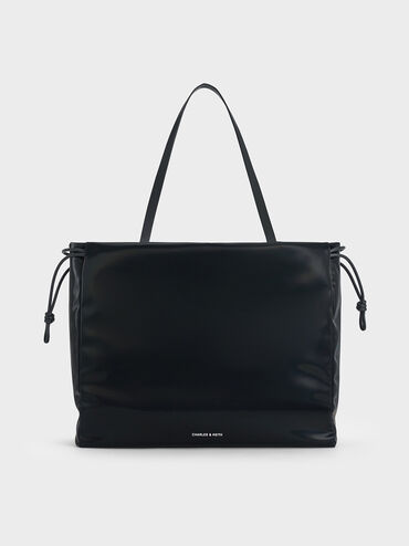 Bolso tote Bethel efecto arrugado brillante con cordón, negro azabache, hi-res