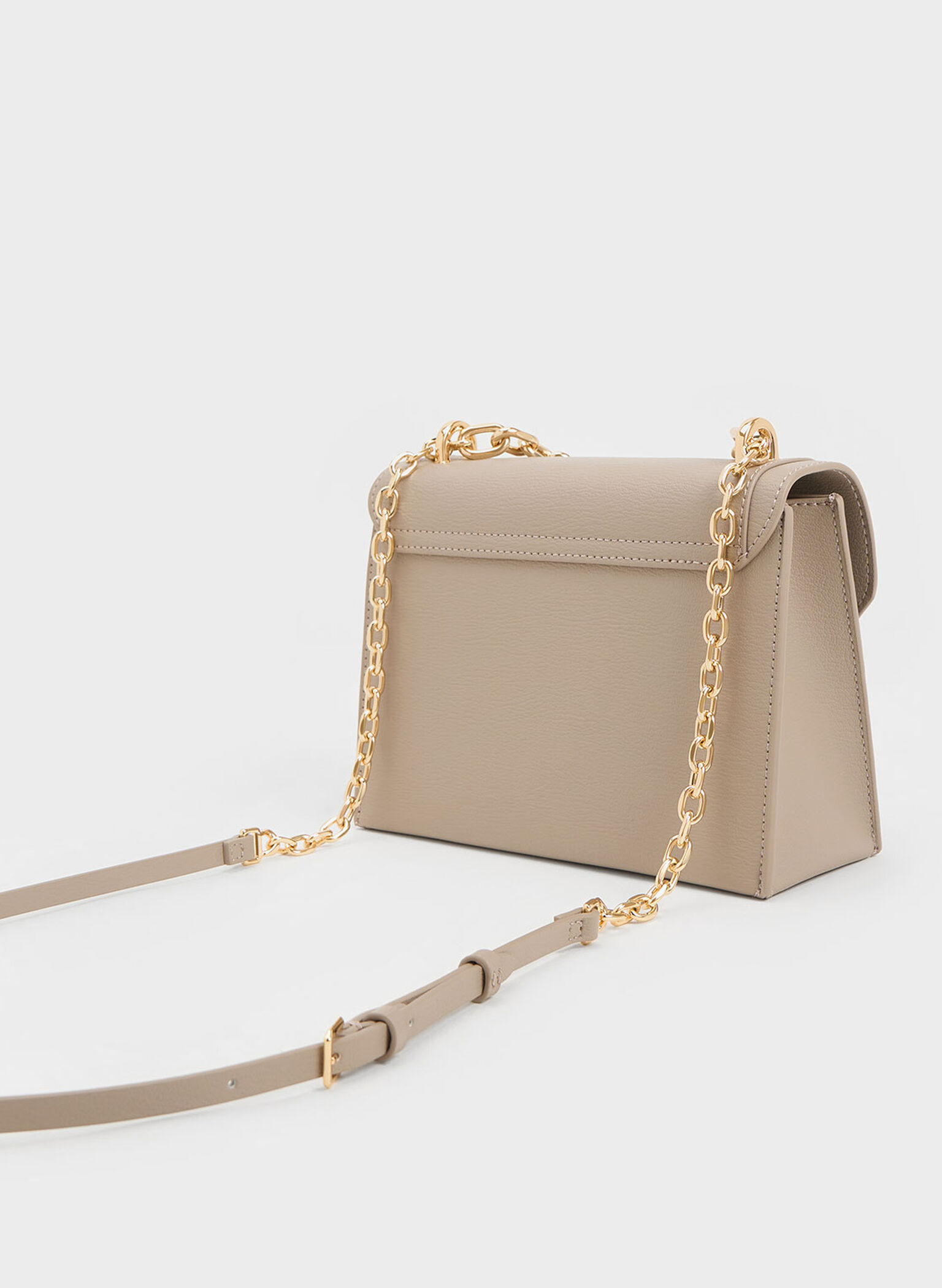 Taupe Front Flap Chain Handle Crossbody Bag - CHARLES & KEITH SG