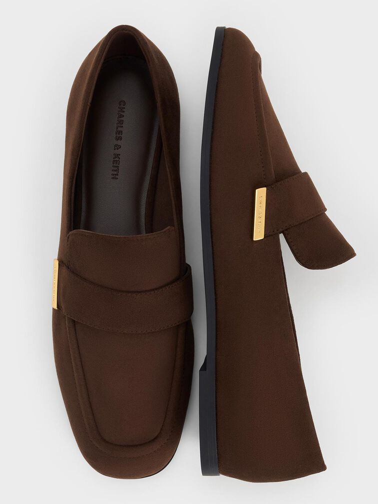 Faux Suede Almond-Toe Flat Loafers, Dark Brown, hi-res